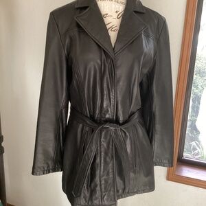 Nine West Longer Fully Lined Waist Wrap Black Fine Leather Jacket